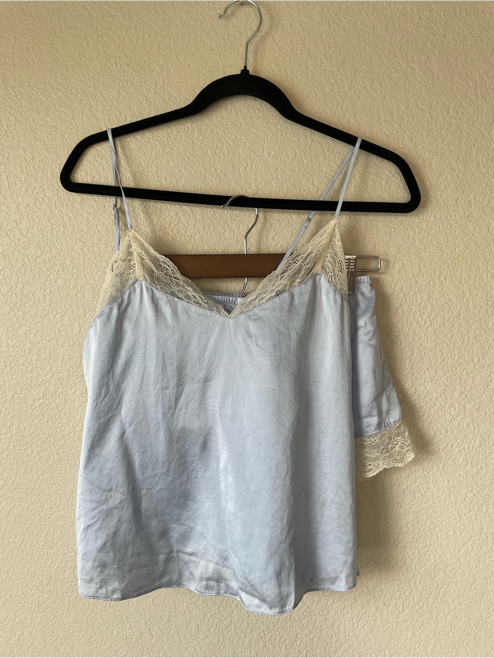 Eberjey 100% Silk Powder Blue Cream Lace Cami Shorts Pajama Set XS